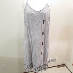 Raya Sun Silver Gray Tropical Print Embroidered Sun Dress 3X